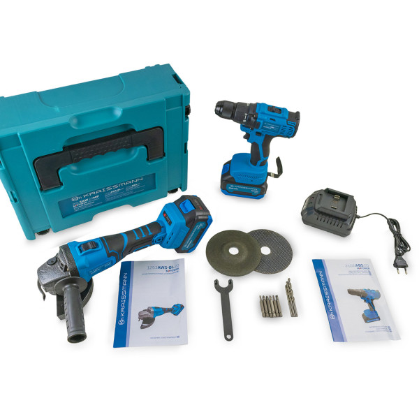 Набір Kraissmann 201 SAW 20MP: Акумуляторна кутова шліфмашина Kraissmann 1253 AWS-BL 20 MP + Шурупокрут Kraissmann 2102 ABS 20 MP