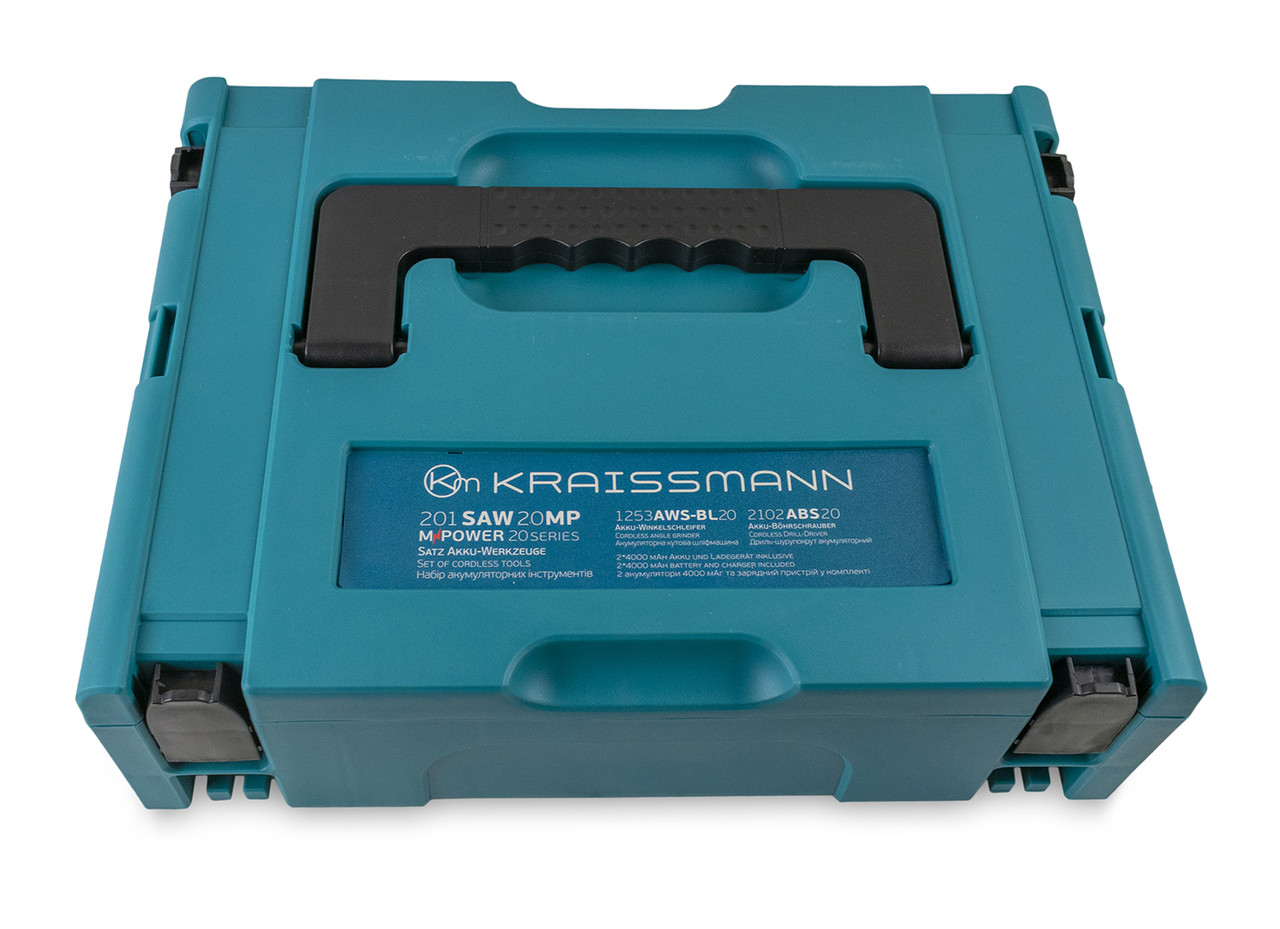 Набір Kraissmann 201 SAW 20MP: Акумуляторна кутова шліфмашина Kraissmann 1253 AWS-BL 20 MP + Шурупокрут Kraissmann 2102 ABS 20 MP