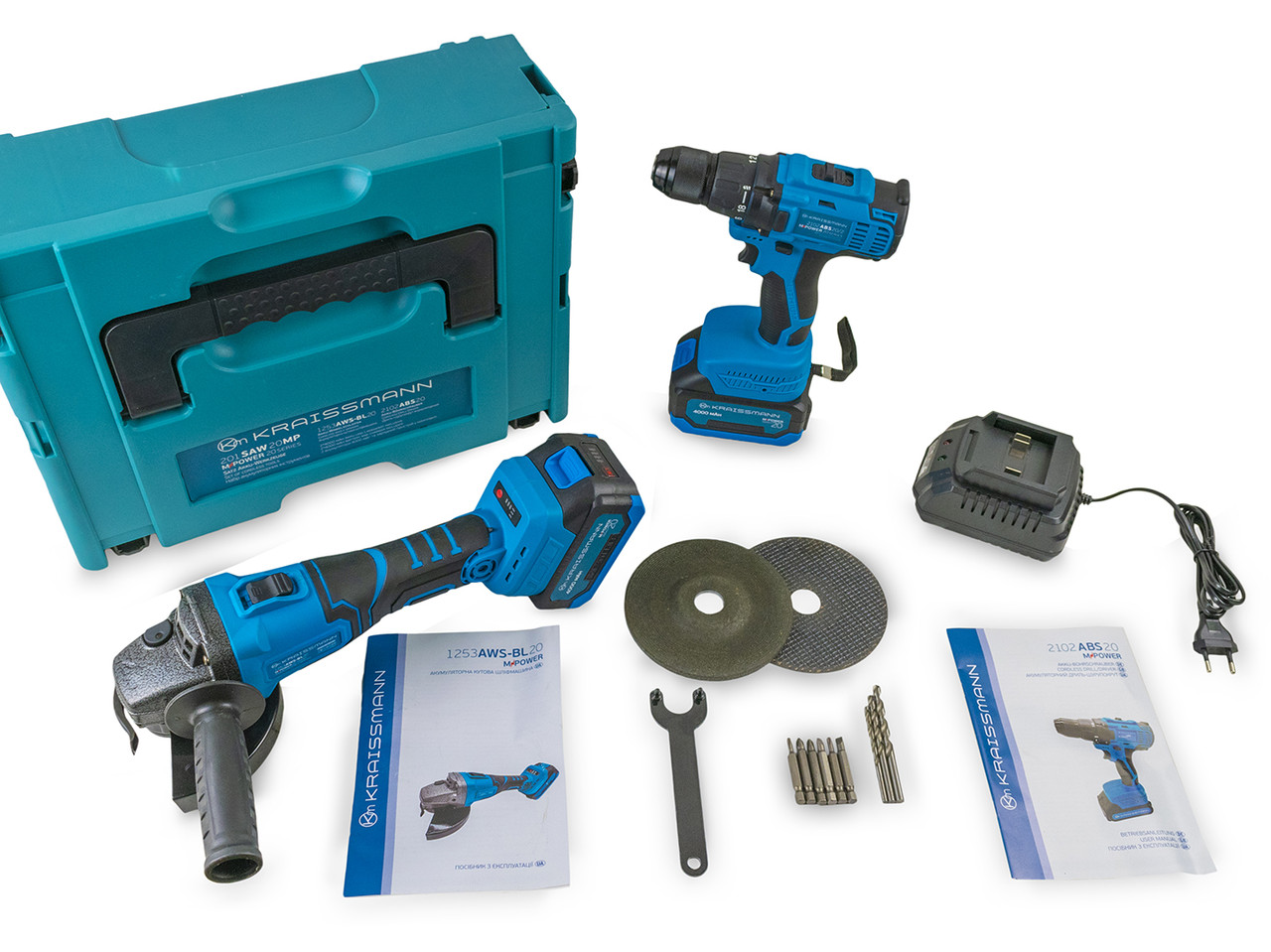 Набір Kraissmann 201 SAW 20MP: Акумуляторна кутова шліфмашина Kraissmann 1253 AWS-BL 20 MP + Шурупокрут Kraissmann 2102 ABS 20 MP