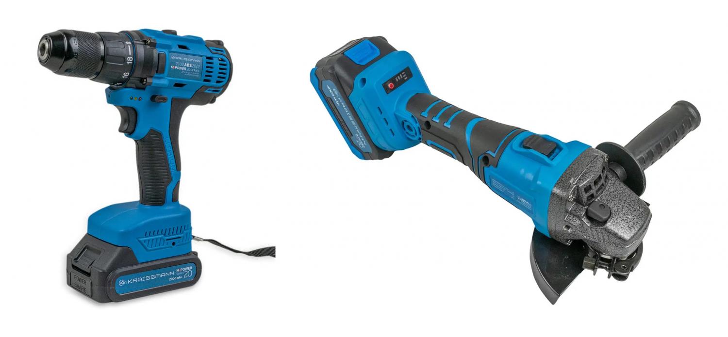Набір Kraissmann 201 SAW 20MP: Акумуляторна кутова шліфмашина Kraissmann 1253 AWS-BL 20 MP + Шурупокрут Kraissmann 2102 ABS 20 MP